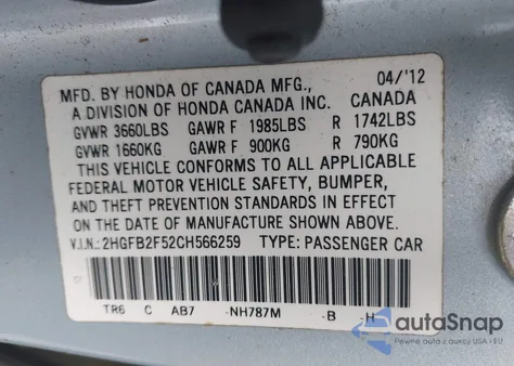 2012 Honda Civic Lx from USA, damaged, VIN 2HGFB2F52CH566259